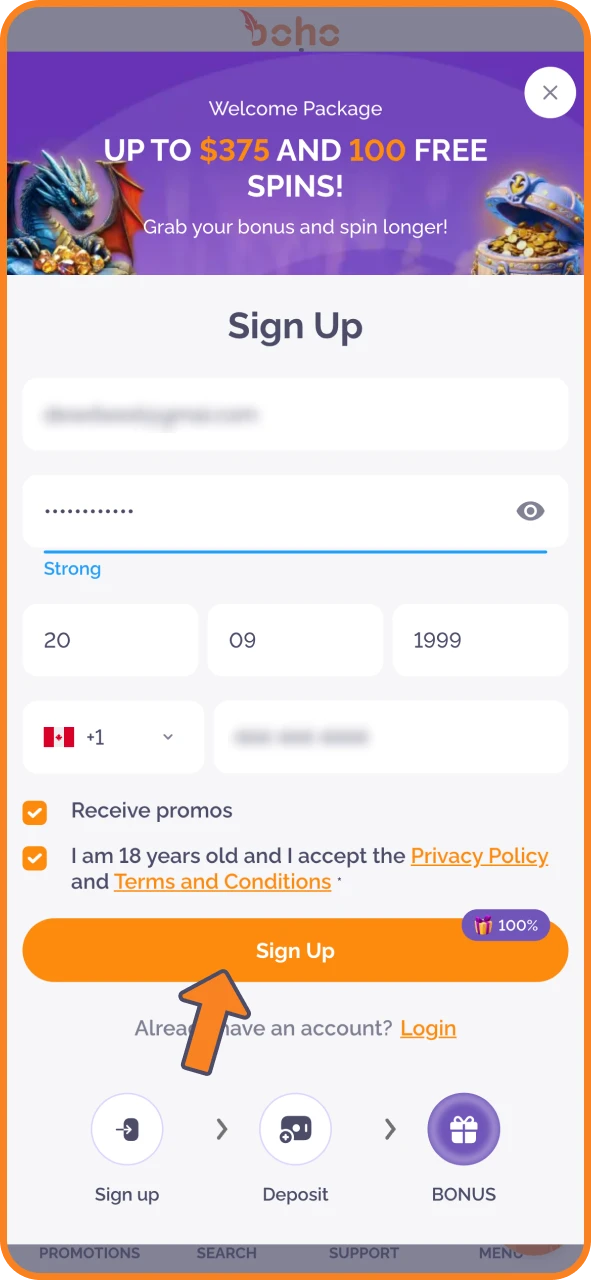 Enter email, password, and join Boho Casino Canada.