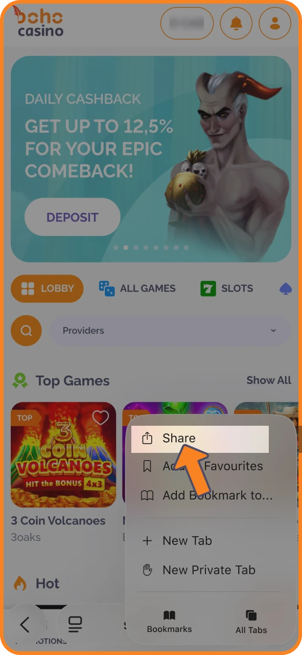 Open Safari and tap Share to save Boho Casino.