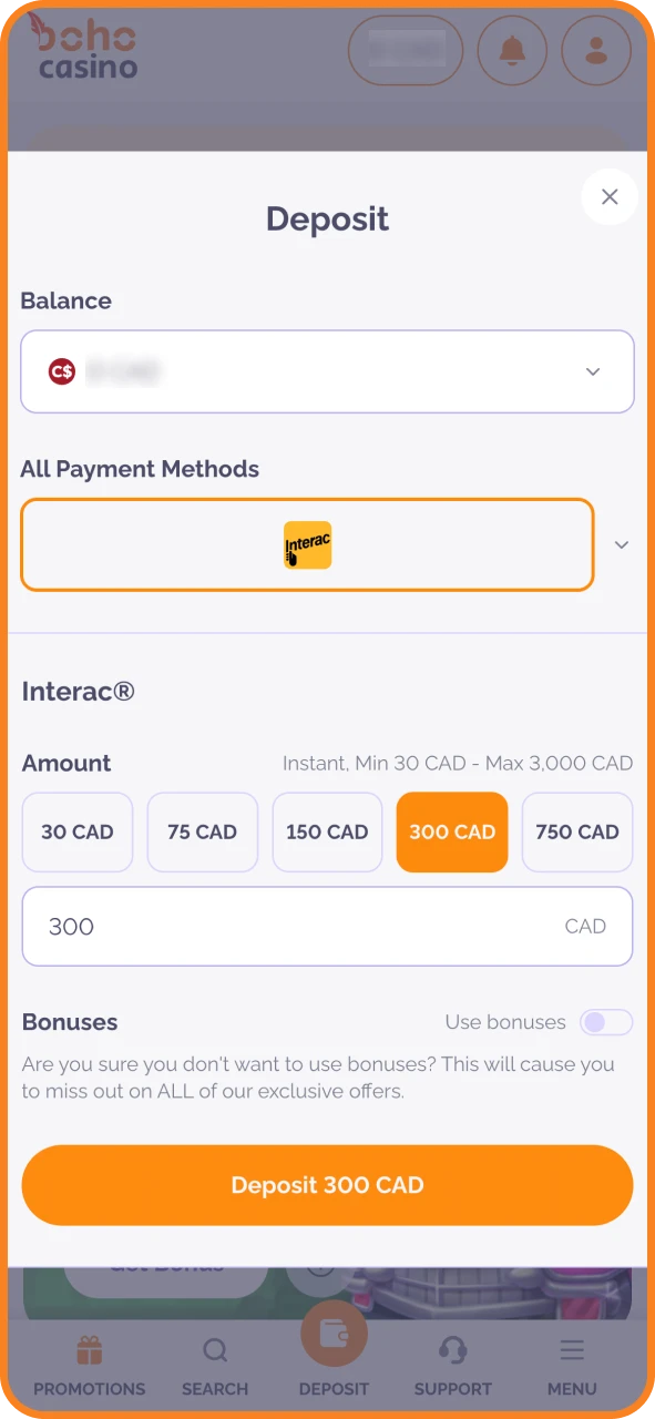 Fund your Boho Casino account quickly and start winning now.