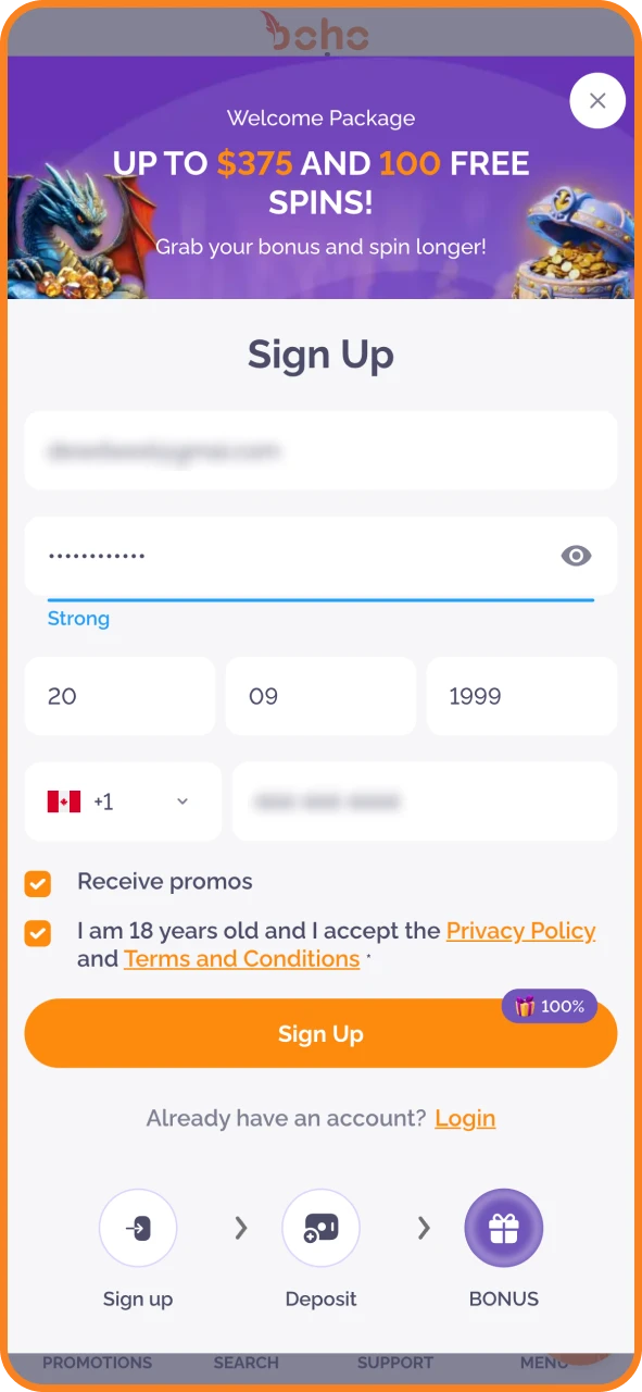 Click the button to register and join Boho Casino now.