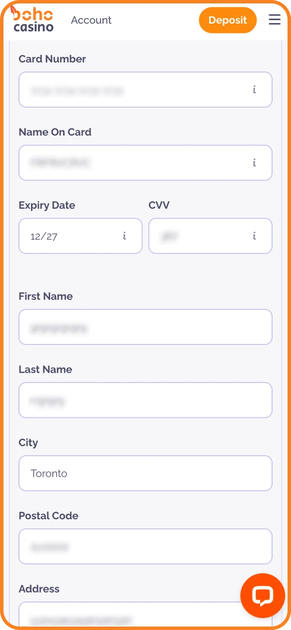 Add payment details and confirm deposit at Boho Casino.