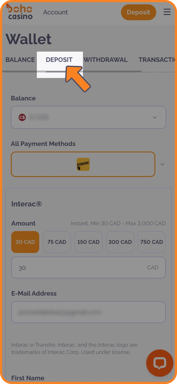 Sign in and open Cashier to deposit at Boho Casino.