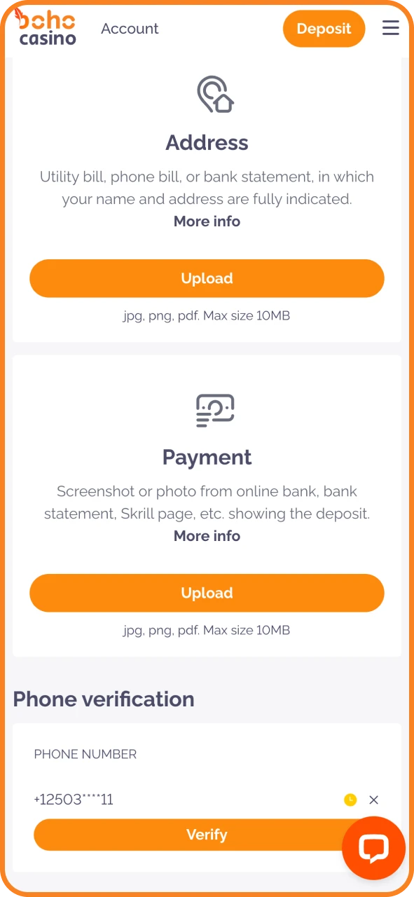 Finish verification and speed up future transactions at Boho Casino.