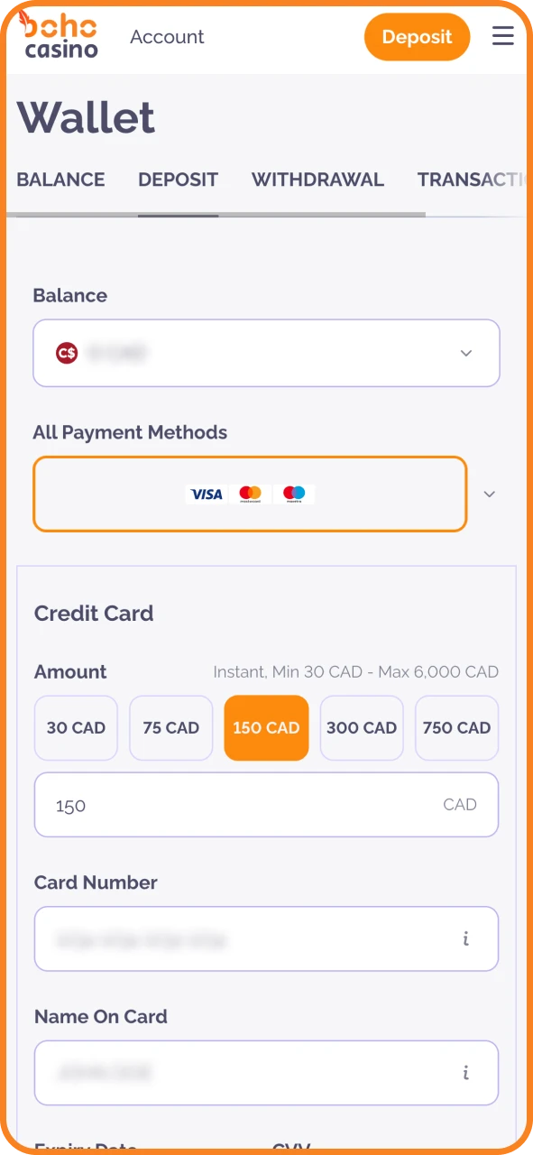 Choose a payment method and fund your Boho Casino balance.