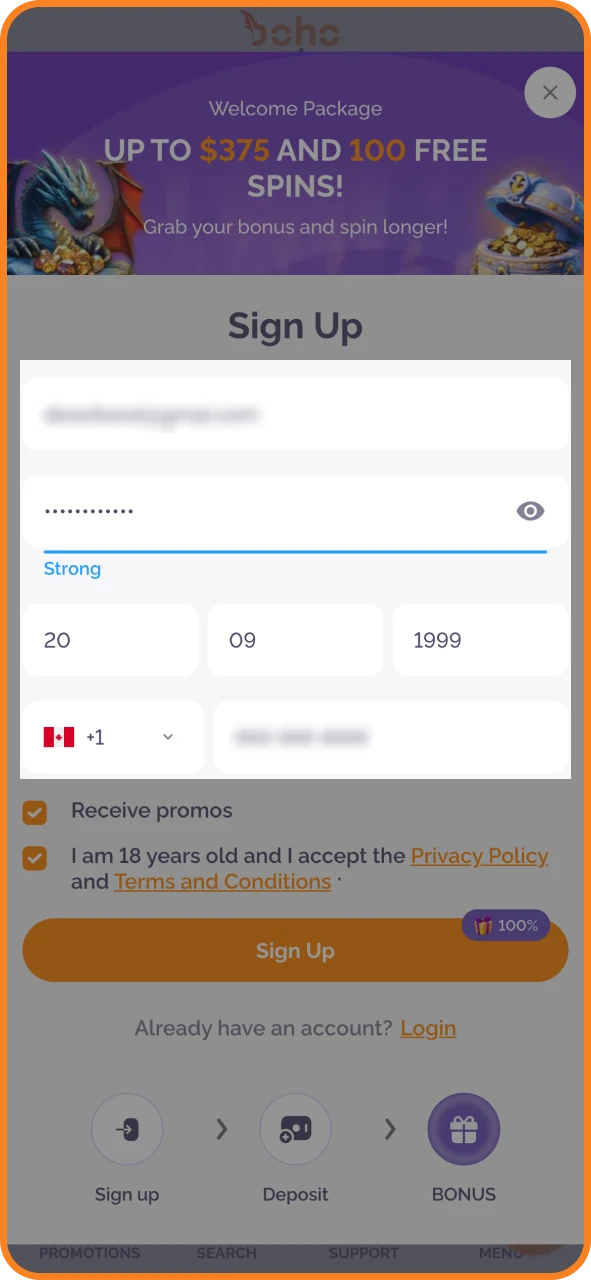 Add email, password, and start at Boho Casino.