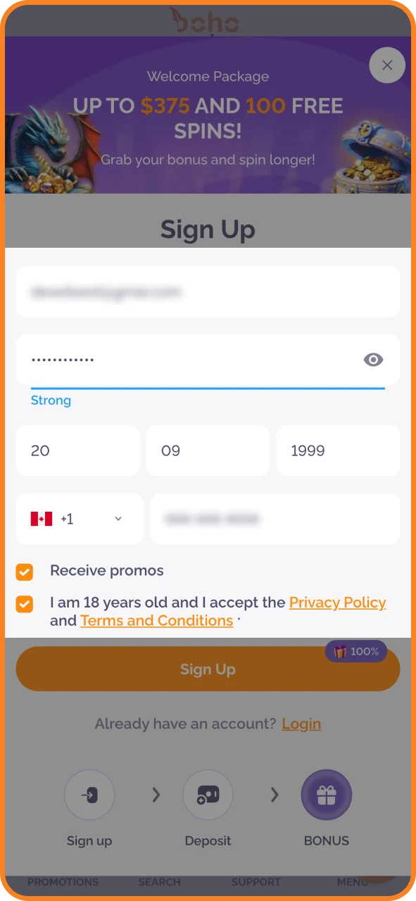 Fill out the form to create your Boho Casino account.