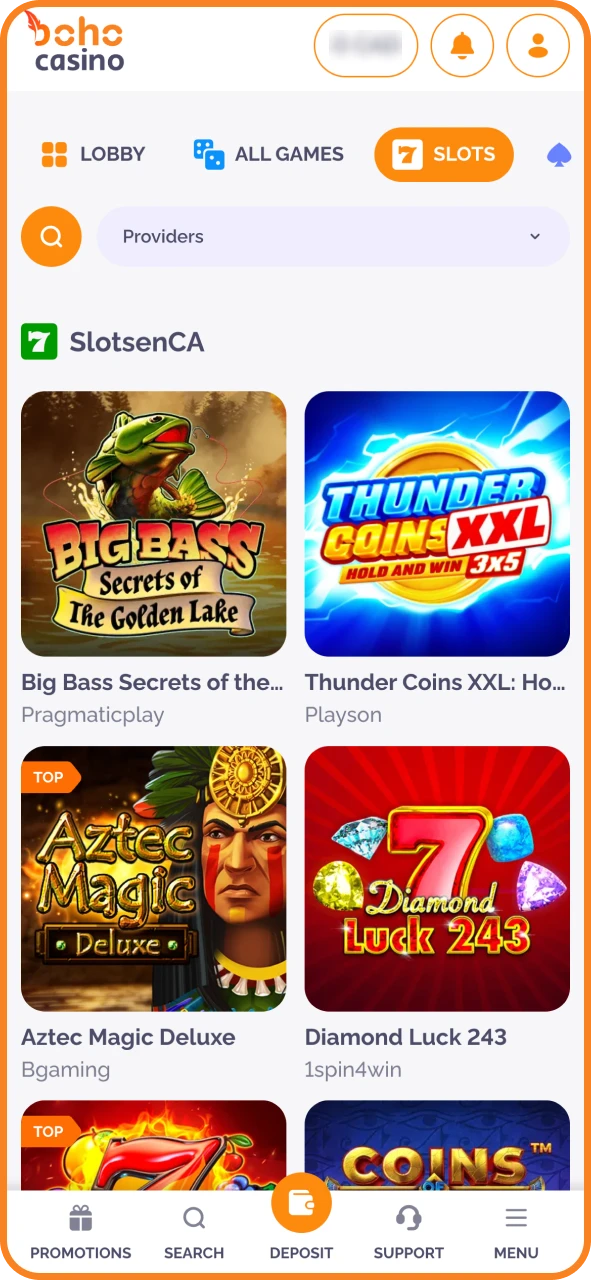 Access featured slot games instantly at Boho Casino.