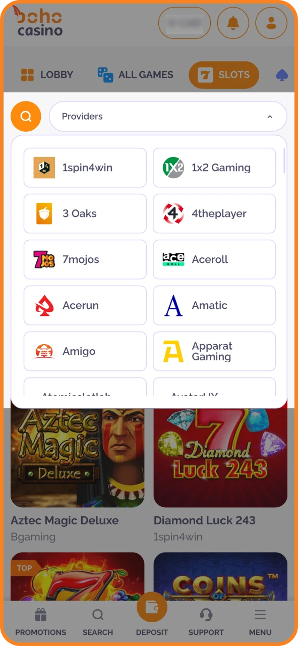 Filter by provider or features and enjoy Boho Casino games.