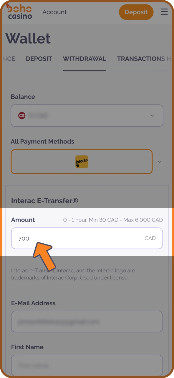 Check account details and enter amount to withdraw at Boho Casino.
