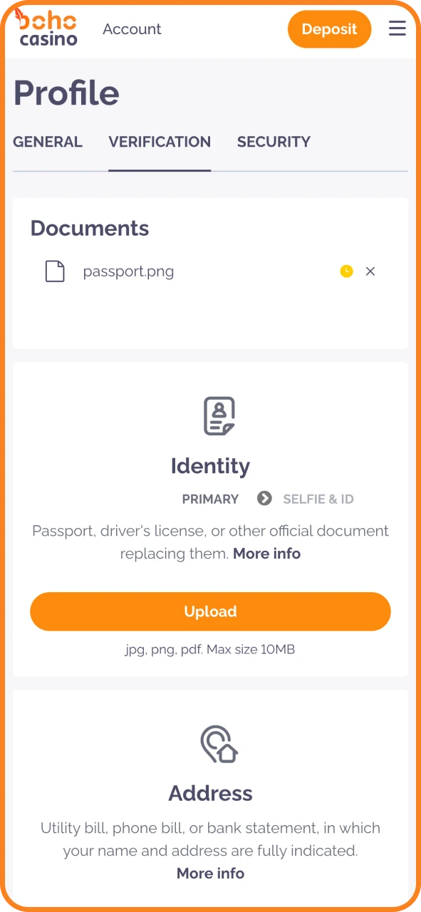 Upload required documents and protect your Boho Casino funds.